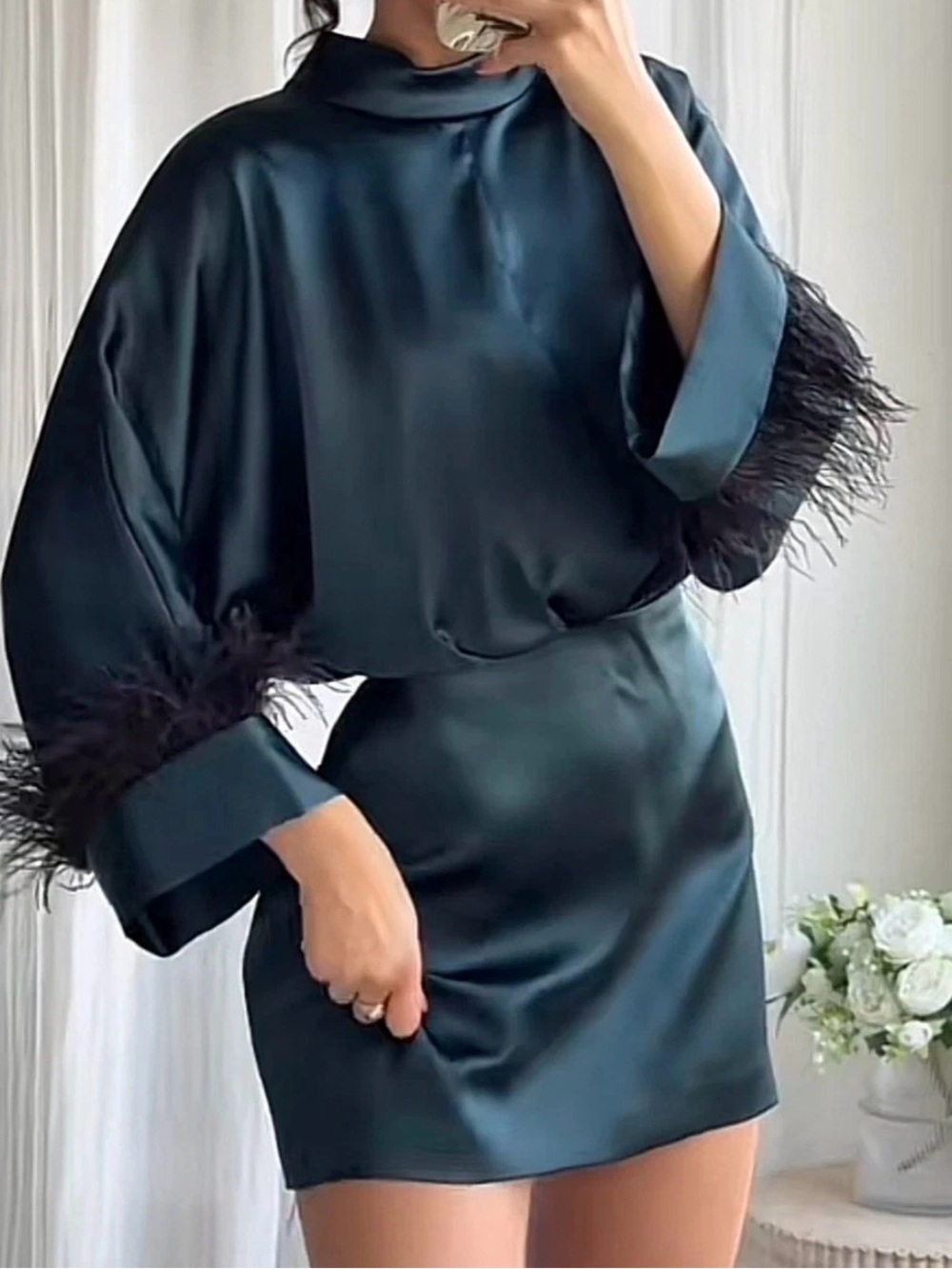 Zara Satin Mini Dress in Deep Teal with Feather Trim - Picture 3 of 12